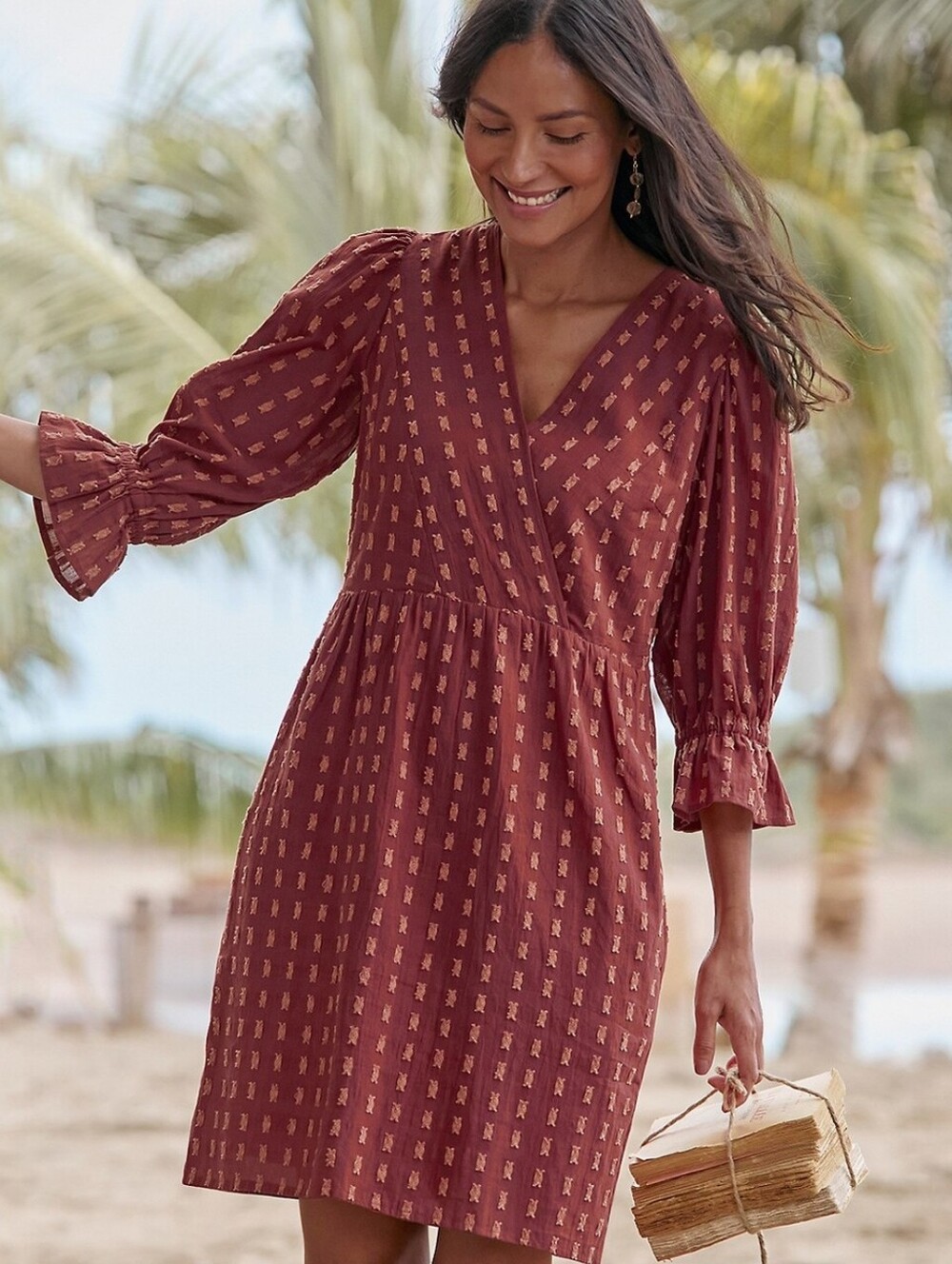 Garnet Hill Organic Cotton Clip Dot Dress Marsala Rose Size 14